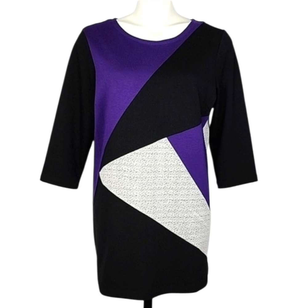Cleo Petites Women's 3/4 Length Sleeves Knit Top Geometrical Purple Black Grey L